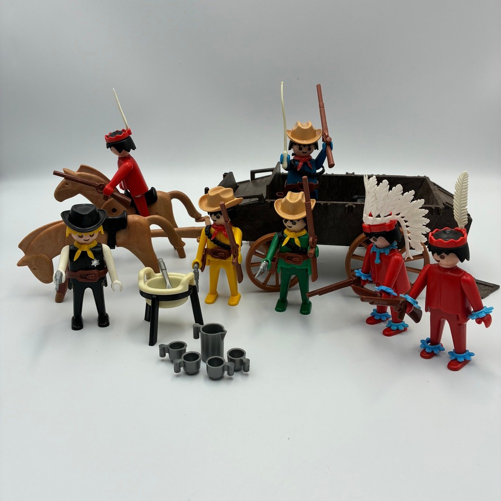 Vintage 1970s Playmobil Geobra Western Lot Wagon Horses Figures Accessories